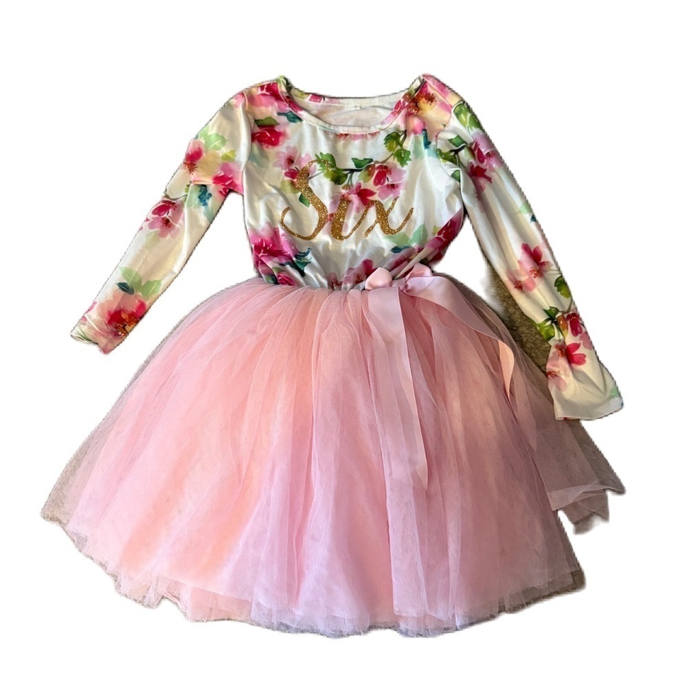 Grace and Lucille Pink Floral Tutu Dress Six 6 Birthday Pink White Long Sleeve